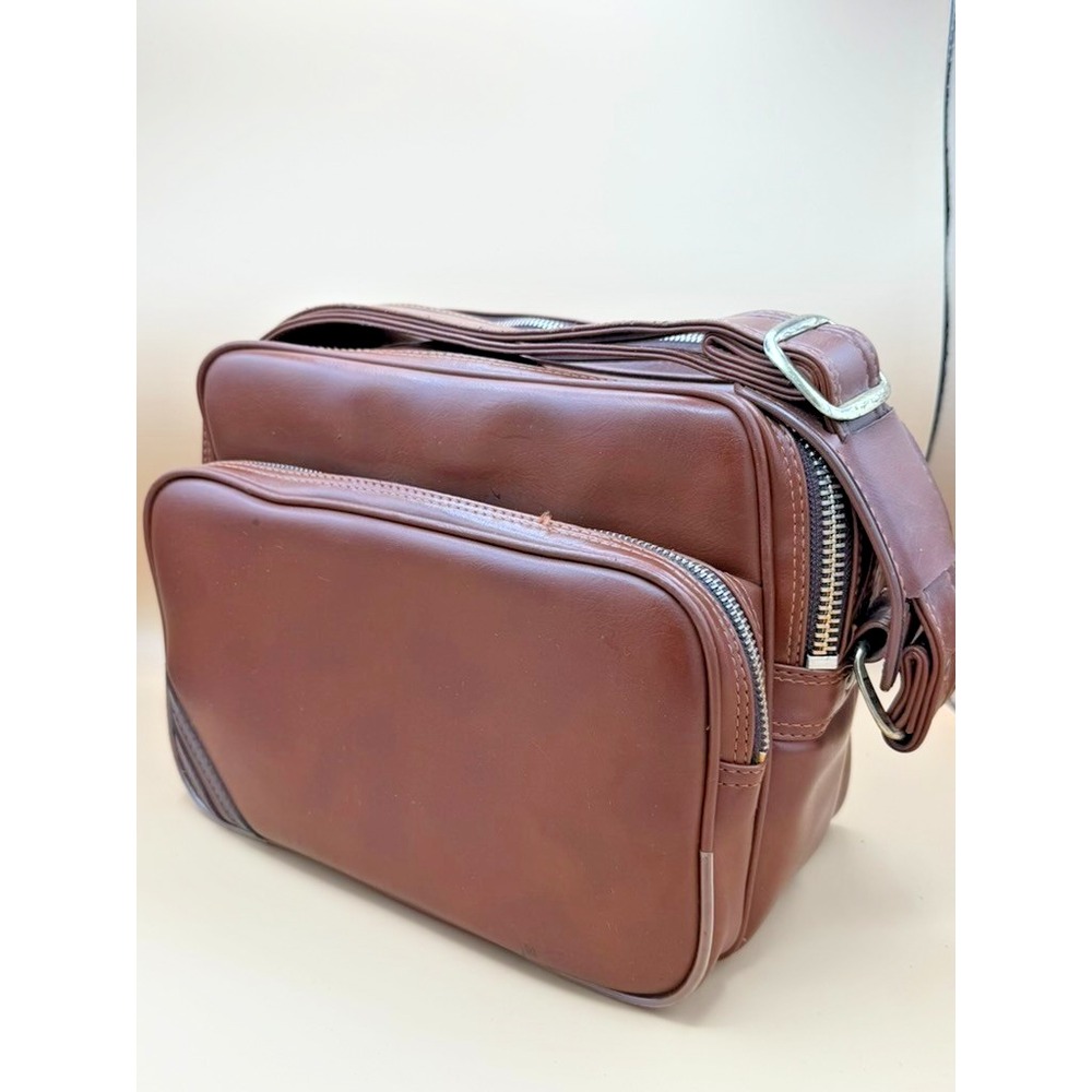 Vintage Brown Camera Shoulder Bag YKK Zippers Faux Leather Adjustable Strap